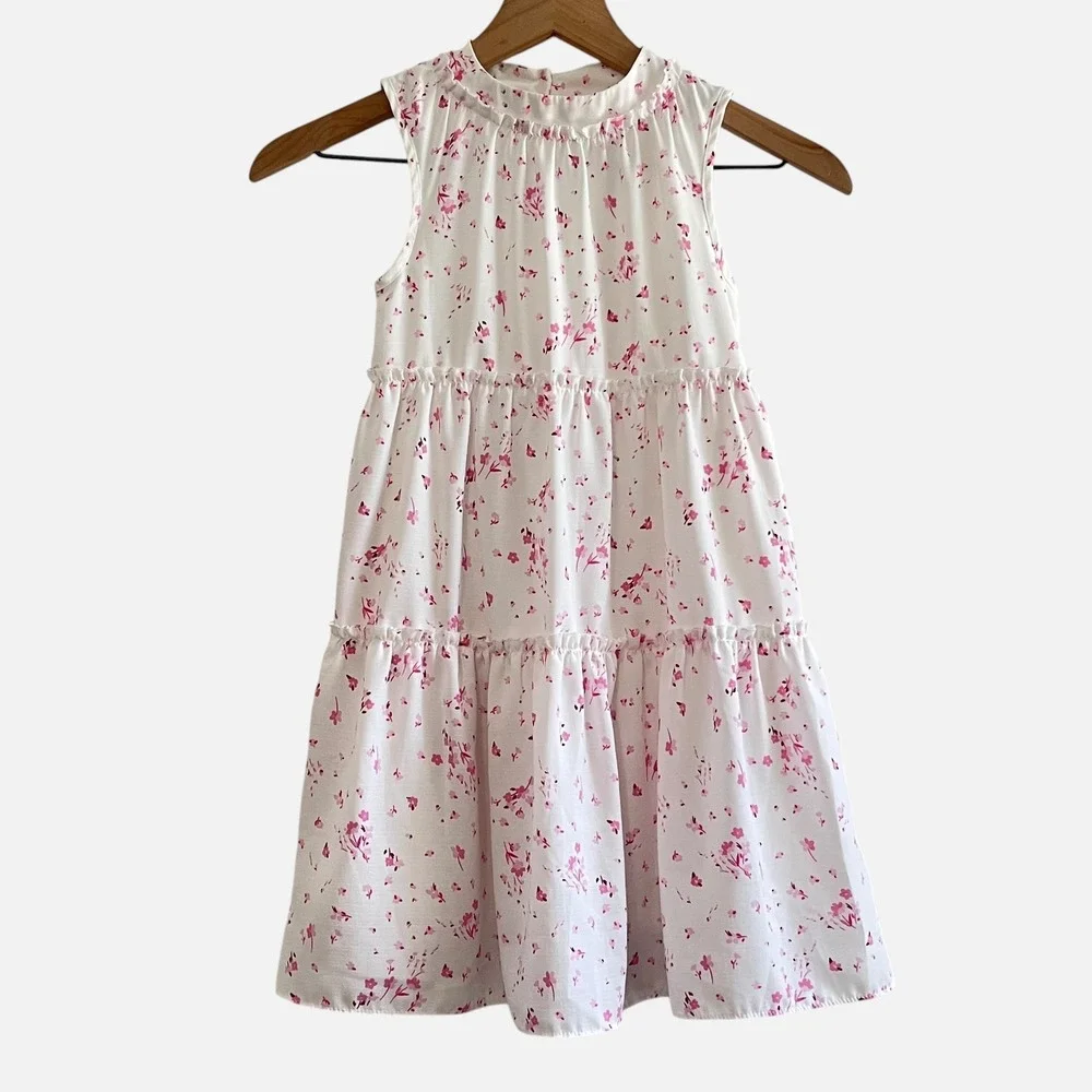 GB Girls Size 6X White Pink Floral Tiered Dress Sleeveless Lined Party
